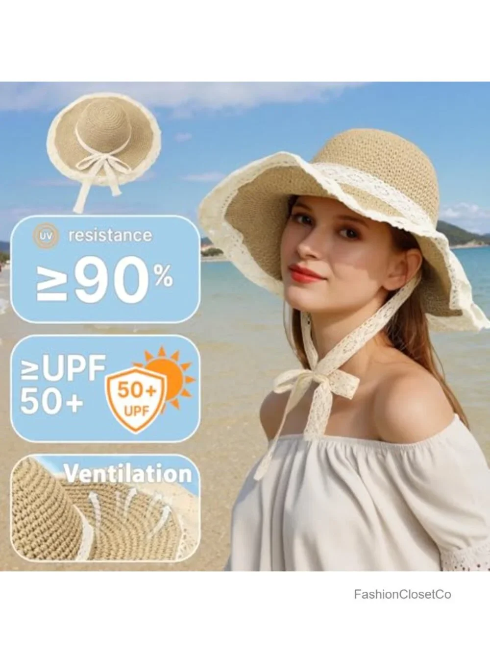 Wide Brim Sun Hat UPF 50+ Straw Beach Hat Foldable Packable